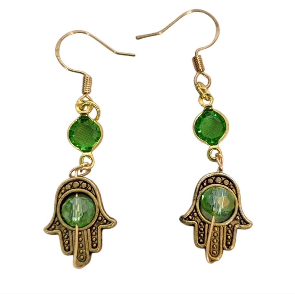 18K Goldplated Faceted Zircon Green Gold Hamsa Earrings